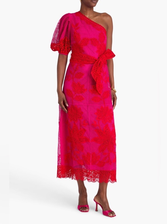 FARM Rio Dresses & Skirts - FARM Rio Guipuire Lace One-Shoulder
Maxi Dress Red and Fushia